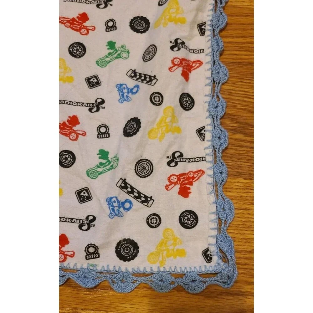 Mario Kart‎ Baby Blanket with Blue Crochet/Knit Trim 41